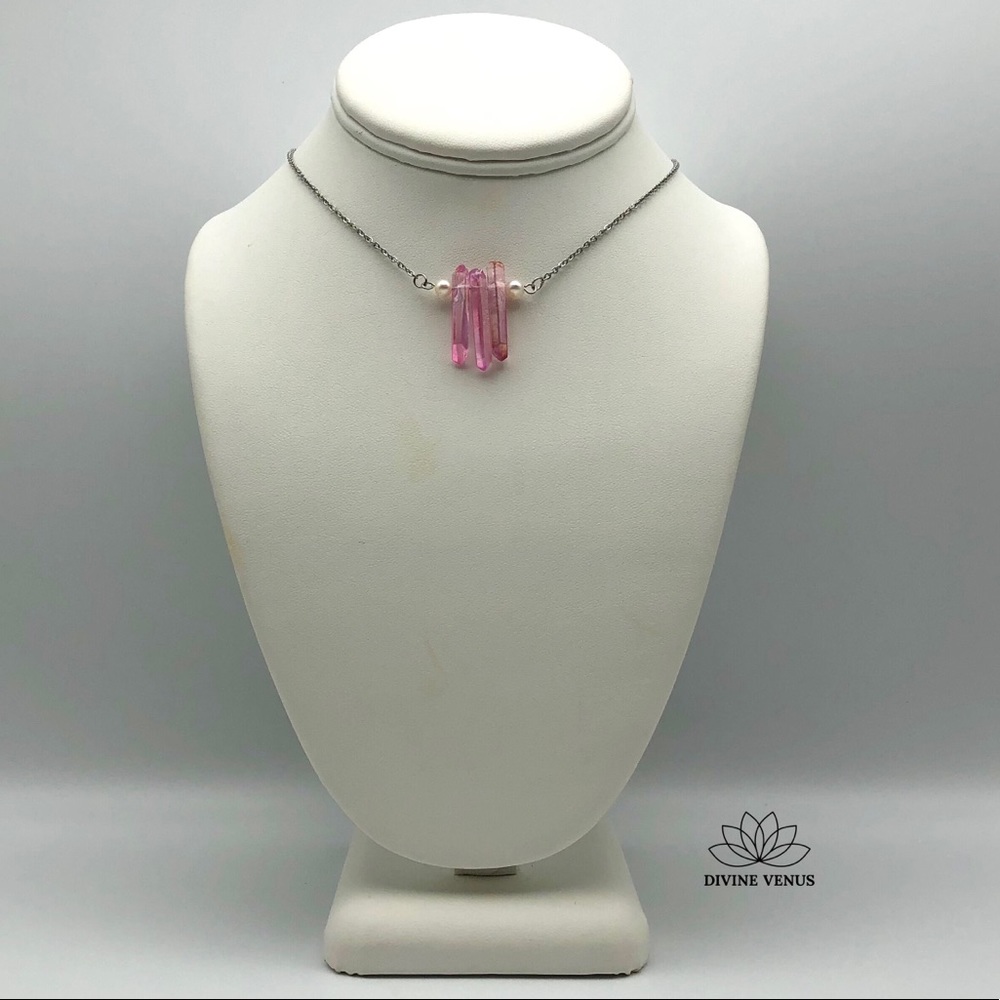 Angel Aura Pink Quartz x Pearls Necklace | Stainless Steel Chain - Picture 11 of 15